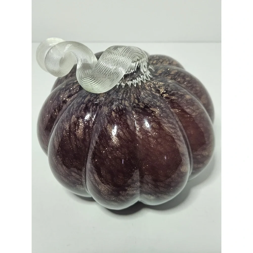 Maroon Hand Blown Glass Pumpkin Speckled Gold Glitter Curled Clear Stem Fall 6in